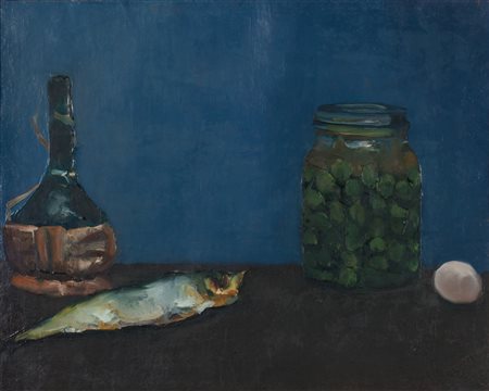 Alberto Ziveri (Roma 1908-1990)  - Natura morta con fiasco e pesce, 1958