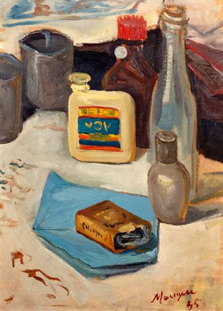 Concetto Maugeri (Catania 1919-Roma 1951)  - Natura morta con bottiglia del Vov, 1945