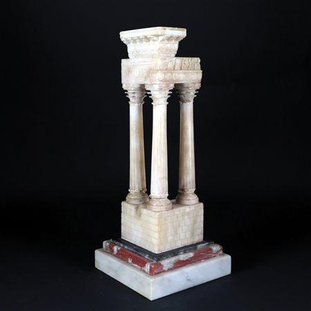 Modello del tempio di Apollo in alabastro su base gradinata in marmi diversi....