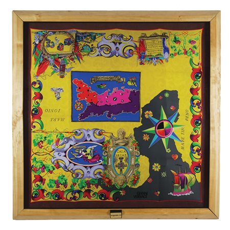 Gianni Versace Calabriae, carré in seta a fondo giallo; montato su supporto...