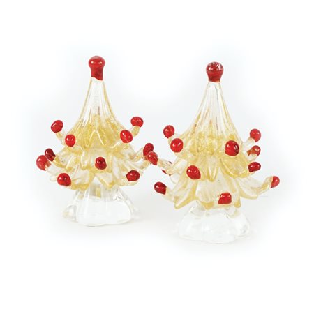 Due alberelli in vetro con inclusioni dorate, in parte rosso. Murano,...