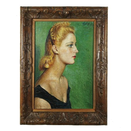 Paulo Ghiglia Ritratto di signora olio su compensato, cm. 55x39 Firma in alto...
