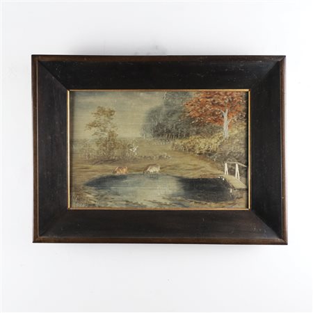 Coppia di ricami in fili di seta raffiguranti rispettivamente un paesaggio...