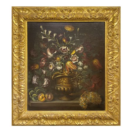 Andrea Scacciati (attr.) Vaso di fiori con pesche e uva olio su tela, cm. 76x64