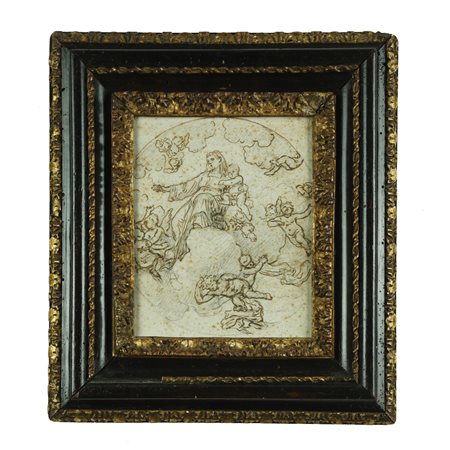 Cornice in legno ebanizzato e dorato in parte scolpita, contenente un disegno...