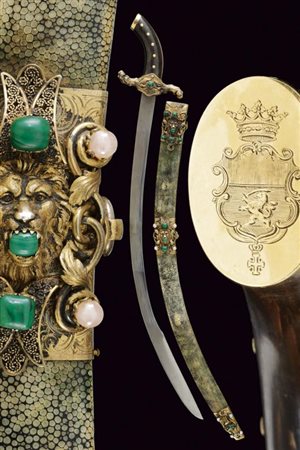 Bellissima sciabola da magnate con fornimenti in argento e pietre dure