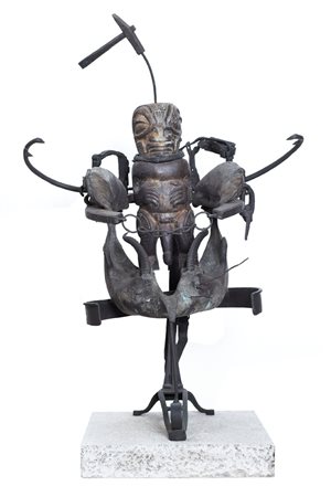 DANIEL SPOERRI Galati 1930 - Idol, 1990, scultura in bronzo con base in marmo...