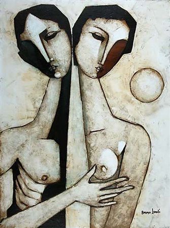 BRUNO LANDI Roma 23/03/1941 - Amanti, 1998, olio su tela cm. 80x60, firma in...