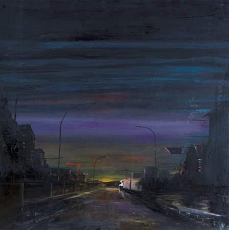 ALESSANDRO BUSCI Milano 1971 - Paesaggio, 2004, olio su ferro cm. 70x70,...