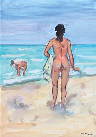 ALFREDO CATARSINI Viareggio 1899 - 1993 - Nudo al mare, tempera su cartoncino...