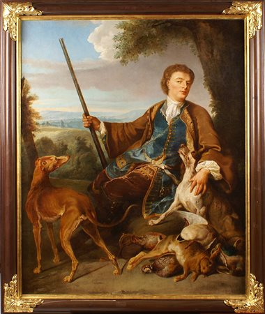 SCUOLA AUSTRIACA XIX Sec. Riposo del cacciatore, olio su tela, entro cornice...