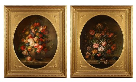 F. SUZAN XX secolo Natura morta di vaso con fiori, coppia di oli su tavola,...