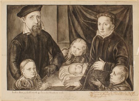 SCUOLA FIAMMINGA XIX Sec. Ritratto di famiglia, disegno entro cornice 25x35 cm.