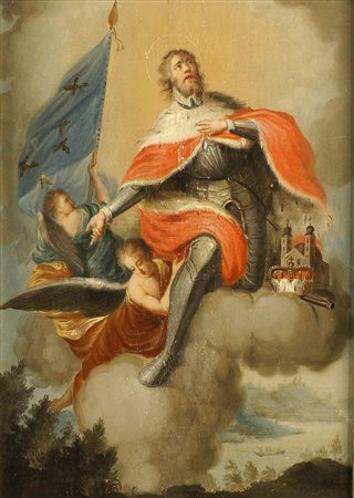 SCUOLA TEDESCA XVIII Sec. Re in gloria, olio su tavola, entro cornice 40x28,5...