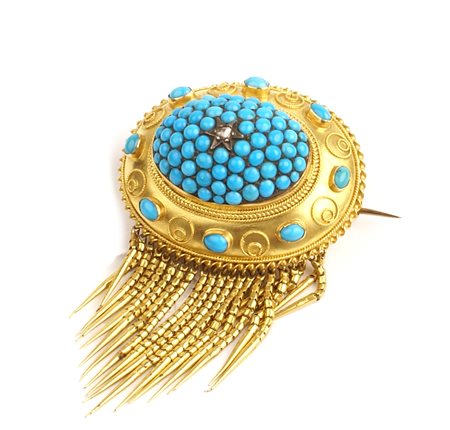 SPILLA VITTORIANA IN ORO GIALLO 18KT porta ritratto con turchesi naturali e...