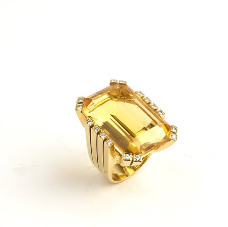 ANELLO A PONTE IN ORO GIALLO 18KT Anni 60/70 con grande quarzo citrino taglio...