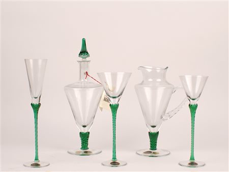 SERVIZIO DI BICCHIERI IN CRISTALLO TRASPARENTE CON STELO VERDE Boemia vecchia...