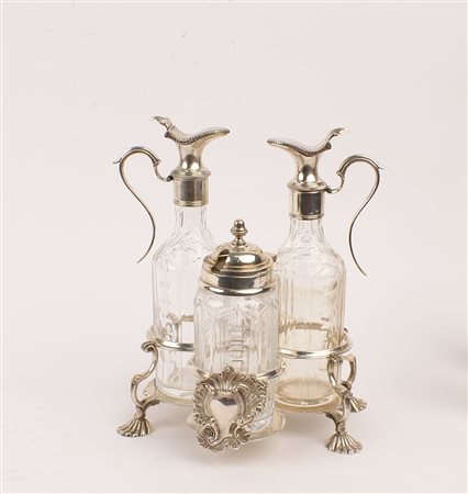 OLIERA IN ARGENTO CON TRE AMPOLLE IN CRISTALLO Firenze vecchia manifattura...