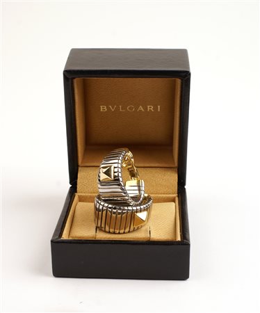 ORECCHINI A LOBO FIRMATI BULGARI anni 60 in acciaio e oro, completi di...