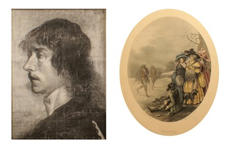 LOTTO DI DUE DIPINTI un disegno a carboncino e una stampa inglese, soggetti e...