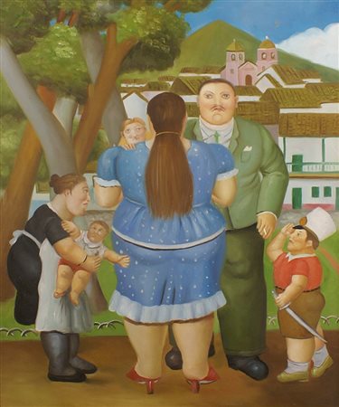 FERNANDO BOTERO, COPIA DA La famiglia, olio su tela, entro cornice 63x52 cm.