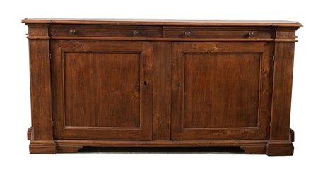 CREDENZA in pioppo con due ante e due cassetti sul fronte, di linea spezzata....