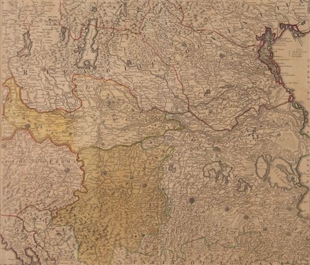 CARTA GEOGRAFICA del nord Italia con interventi ad acquerello. Cm 51,5x58,5.