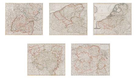 Isaac Tirion  di Amsterdam, metà del XVIII secolo. Lotto composto da CINQUE MAPPE con interventi originali ad acquerello. Cadauna di cm 28x32.