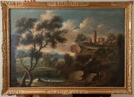 Maestro del XVIII secolo “Paesaggio”. Olio su tela. Cm 92x132,5