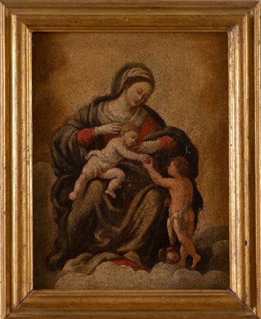 Maestro del XVII secolo "Madonna con bambino e san Giovannino". Olio su tela....