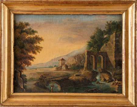 Maestro del XIX secolo “Paesaggio con figure”. Olio su tela. Cm 31x42.