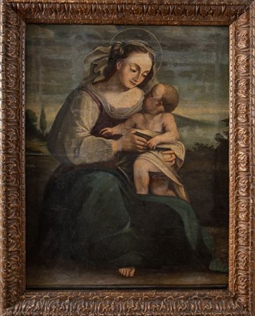 Maestro del XVII secolo “Madonna con bambino”. Olio su tela applicata su...