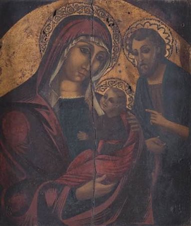 Maestro greco del XVIII secolo. “Sacra famiglia”. Tempera su tavola a fondo...