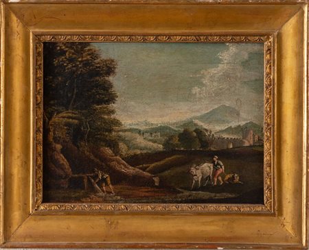 Maestro del XVIII secolo “Paesaggio con figure”. Olio su tela. Cm 22,5x30,5.