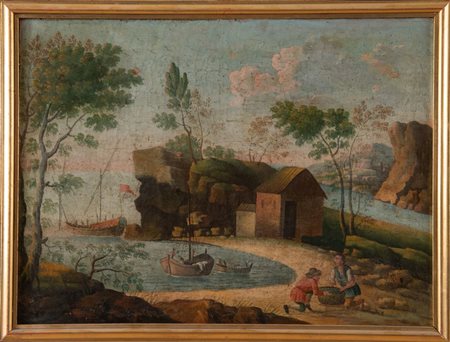 Maestro del XVII secolo “Paesaggio con figure”. Olio su tela. Cadauno di cm...