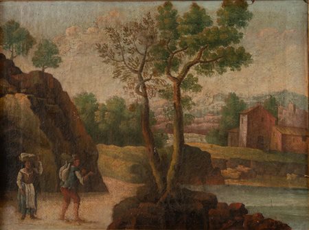 Maestro del XVII secolo “Paesaggio con figure”. Olio su tela. Cadauno di cm...