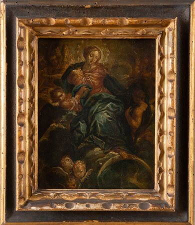 Maestro emiliano del XVIII secolo. “Madonna in gloria con angeli”. Olio su...