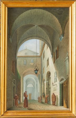 Maestro del XIX secolo “Interno del convento”. Acquerello su carta. Cm 47x29.