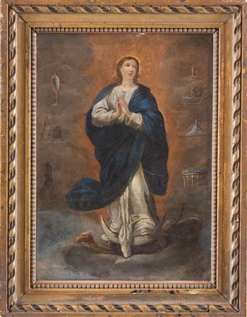 Maestro del XVII secolo "Immacolata concezione". Olio su rame. Cm 23x17.