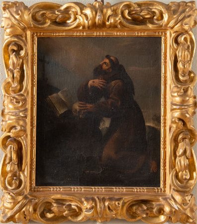 Maestro veneto del XVII secolo. “San Francesco”. Olio su tela. Cornice...
