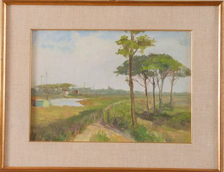 Pittore anonimo del XX secolo "Paesaggio". Disegno su carta. Cm 24x37.