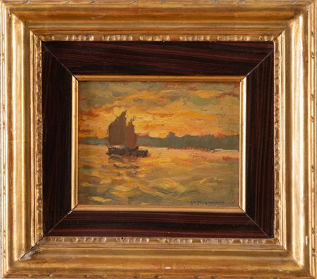 PIETRO FRAGIACOMO, attr. "Marina con barche". Olio su tavola. Cm 12x15,5....