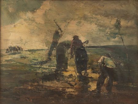 UBALDO MAGNAVACCA (Modena 1885 - Lerici 1957) "Zappatori (controluce)". Olio...