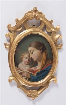 Maestro del XIX secolo “Madonna con bambino”. Olio su cartoncino. Cm 16x13.