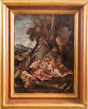 Bottega di GIULIO CARPIONI "Baccanale". Fine del XVII secolo. Olio su tela....