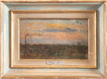 ANGELO TORCHI (Massa Lombarda 1856 - 1915) "Paesaggio". Olio su cartone. Cm...