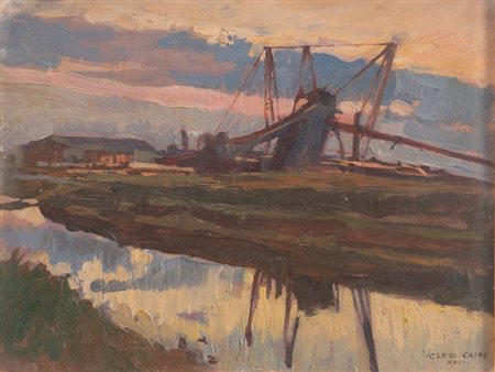 CLETO CAPRI (Bologna 1873 - 1965) “Marina con barche”. Olio su tavola. Cm...