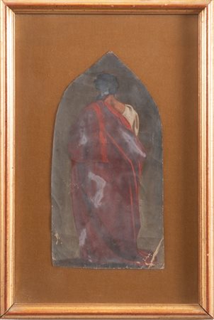 Maestro del XIX secolo "Santo di spalle". Cm 32x16. Olio su carta.