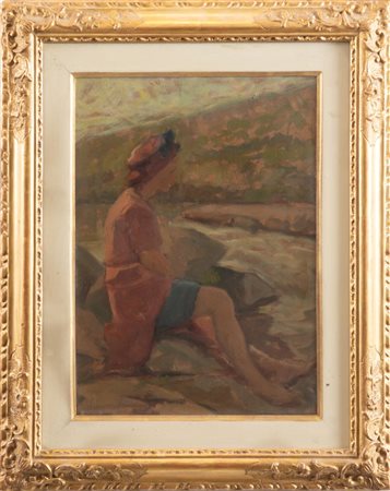 BRUNO SEMPREBON "La moglie del pittore". Olio su faesite. Cm 35,5x26. Opera...