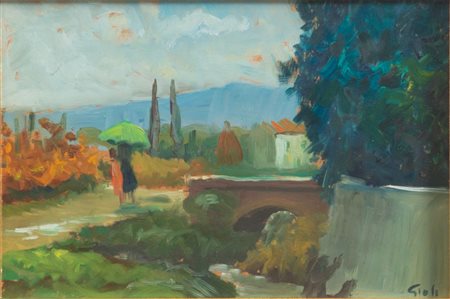 Pittore anonimo del XX secolo "Paesaggio". Olio su faesite. Cm...